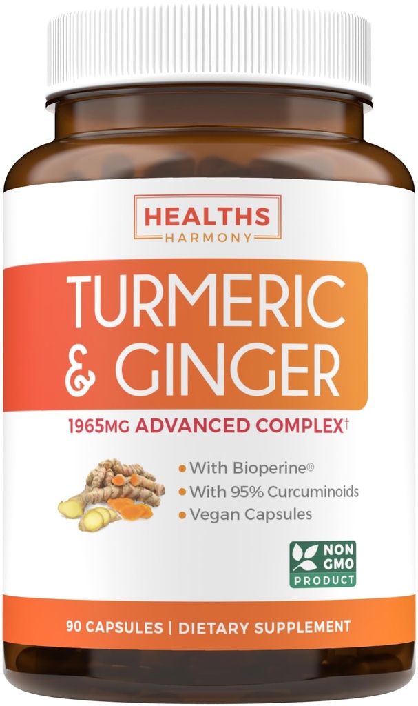 Turmeric ve Ginger Supplement (Non-GMO) 1980mg Servisi - Turmeric Curcumin with Black Pepper Bioperine, Ginger Extract, and% 95 Curcuminoids Toz - Tumeric Ortak Destek Supplement - 90 Capsules