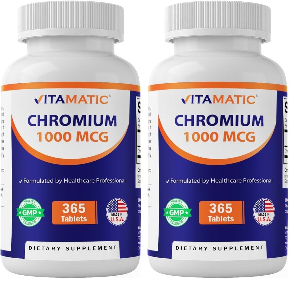 Vitamatic Chromium 1000 mcg | 365 Tabletler | Yüksek Potency Chromium Picolinate | Non-GMO, Gluten Free (Pack of 2)
