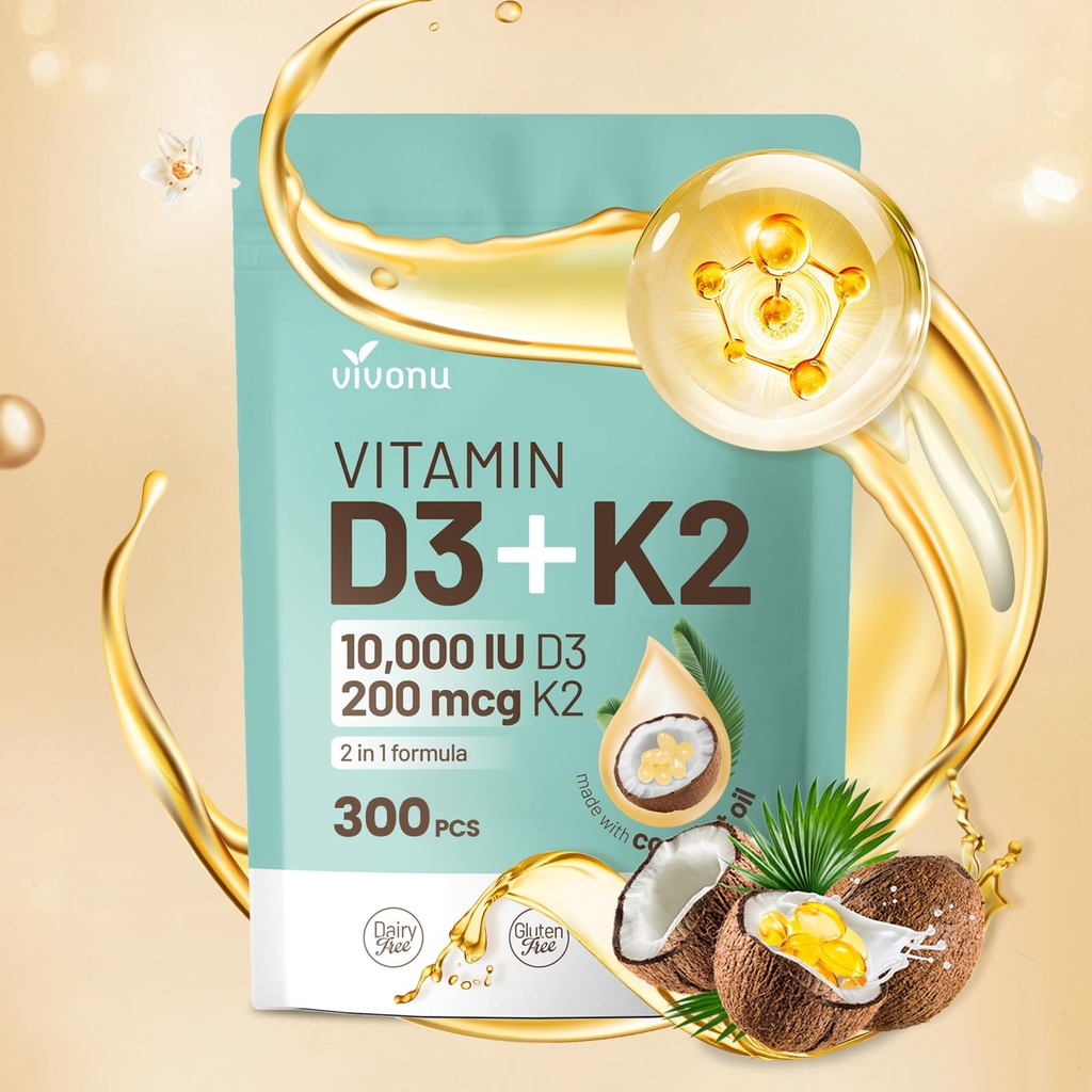 PHNu Vitamin D3 K2 10000 I ile MK7-300 Virgin Coconut Oil Softgels, 2 in 1 D & K Kompleks | Vitamina D3 con K2 ((1Bag)