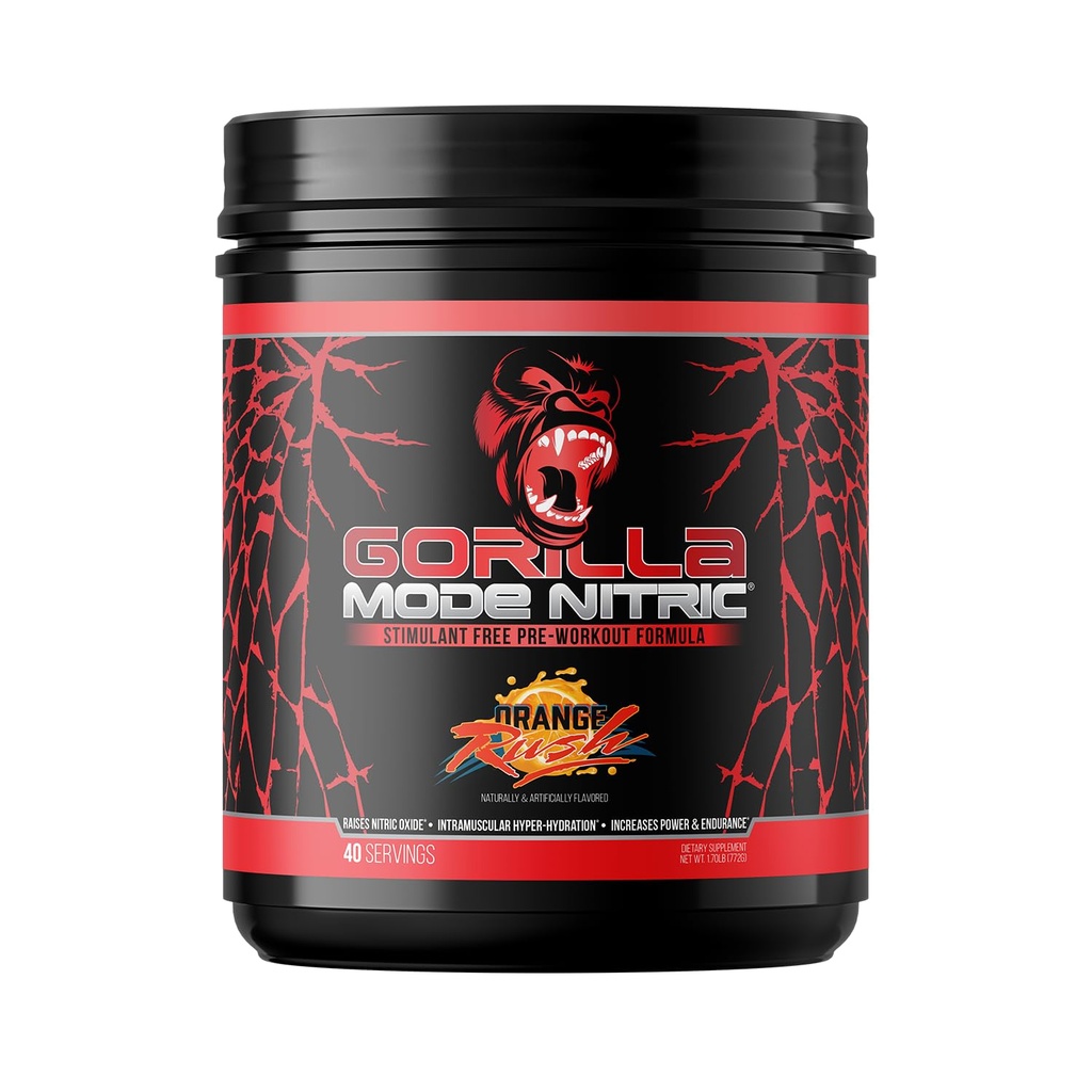 Gorilla Mode Nitricd Stimulant Free Pre-Workout - En İyi Tasting ve En Etkili Stimulant Free Pre-Workout/Massive Pumps · Vasodilation · Power / 772 Grams (Orange Rush)