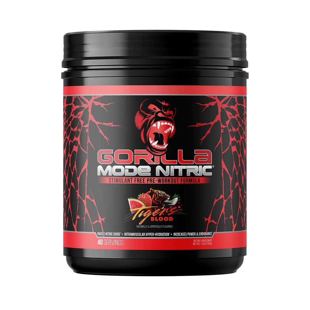 Gorilla Mode Nitricd Stimulant Free Pre-Workout - En İyi Tasting ve En Etkili Stimulant Free Pre-Workout/Massive Pumps · Vasodilation · Power / 784 Grams (Tigers Blood)