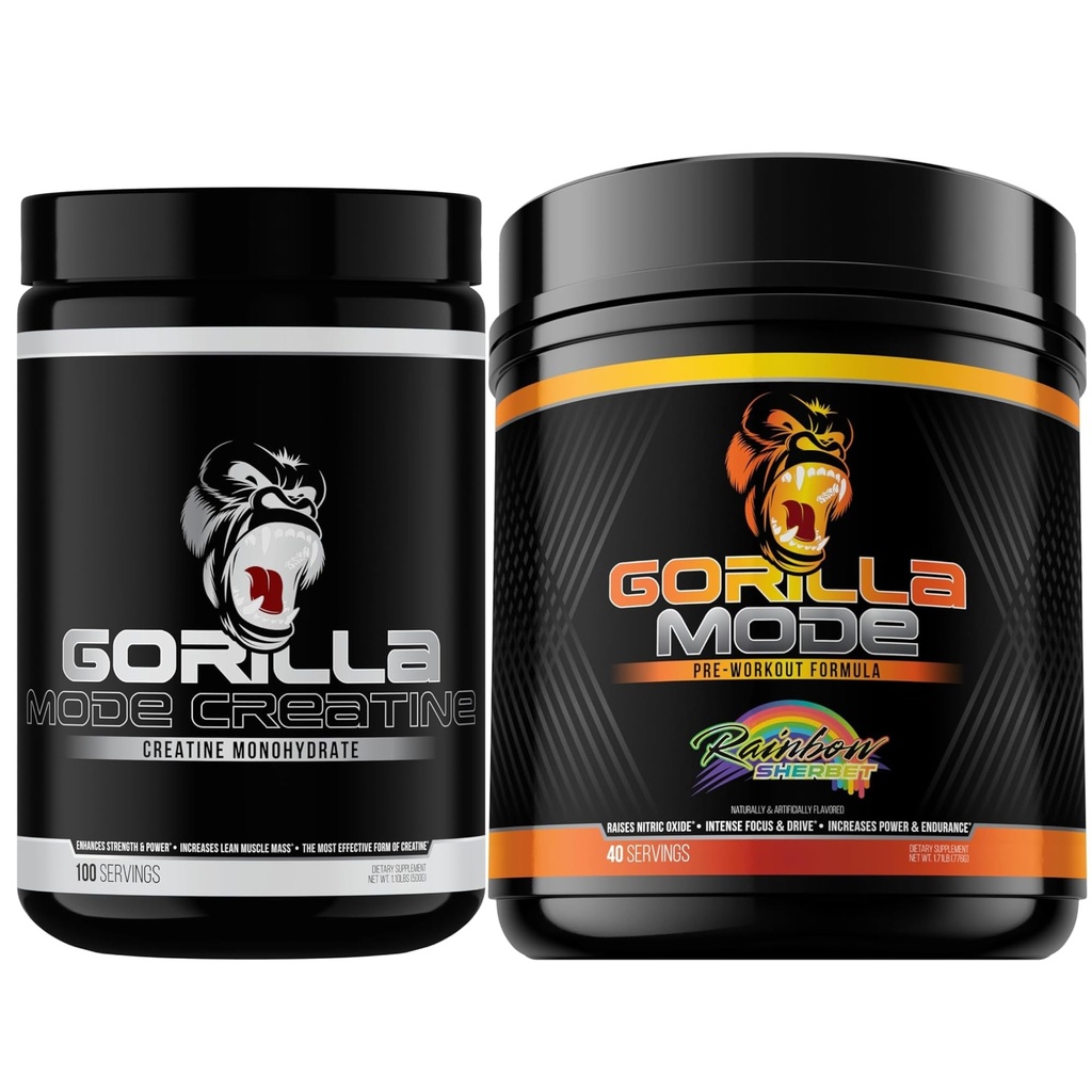 Gorilla Mode Kretine Monohidrat Mikronized Toz & Pre Workout (Rainbow Sherbert)- Massive Pumps | Lazer Focus Energy | Improv Kas Boyutu | Güç Çıktısı ve Güçlü