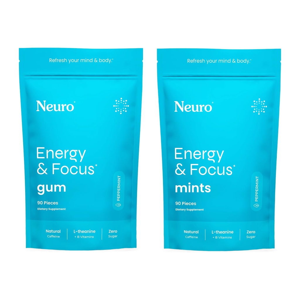 Neuro Energy & Focus Sche - Peppermint Nootropic Gum (90ct) + Mints (90ct), Natural Caffeine, L-Theanine, B12 + B6, Sugar-Free Brain Support for Clarity & Energy