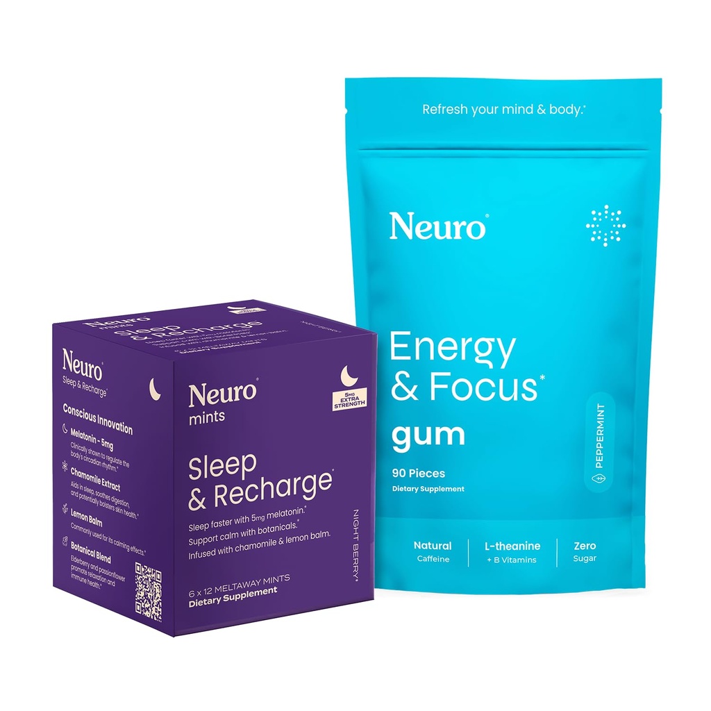 Neuro Energy & Sleep Sche – Energy & Focus Gum (Peppermint, 90 Count) + Melatonin 5 mg Sleep & Recharge Mints (Night Berry, 72 Adet) – Daytime Focus & Night Resttime Support