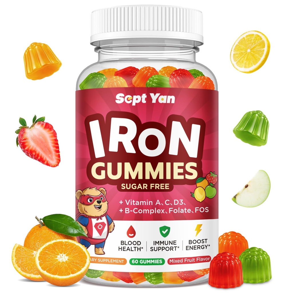 Çocuklar için Demir Supplement Gummies, Çocuklar Demir ile Çokvitamin - B Kompleksi, C, D3, Kalsiyum, Folate, çinko, Blood Builder & Energy Support, Iron Deficiency, Vegan,Mixed Fruit Flavor,60 ct