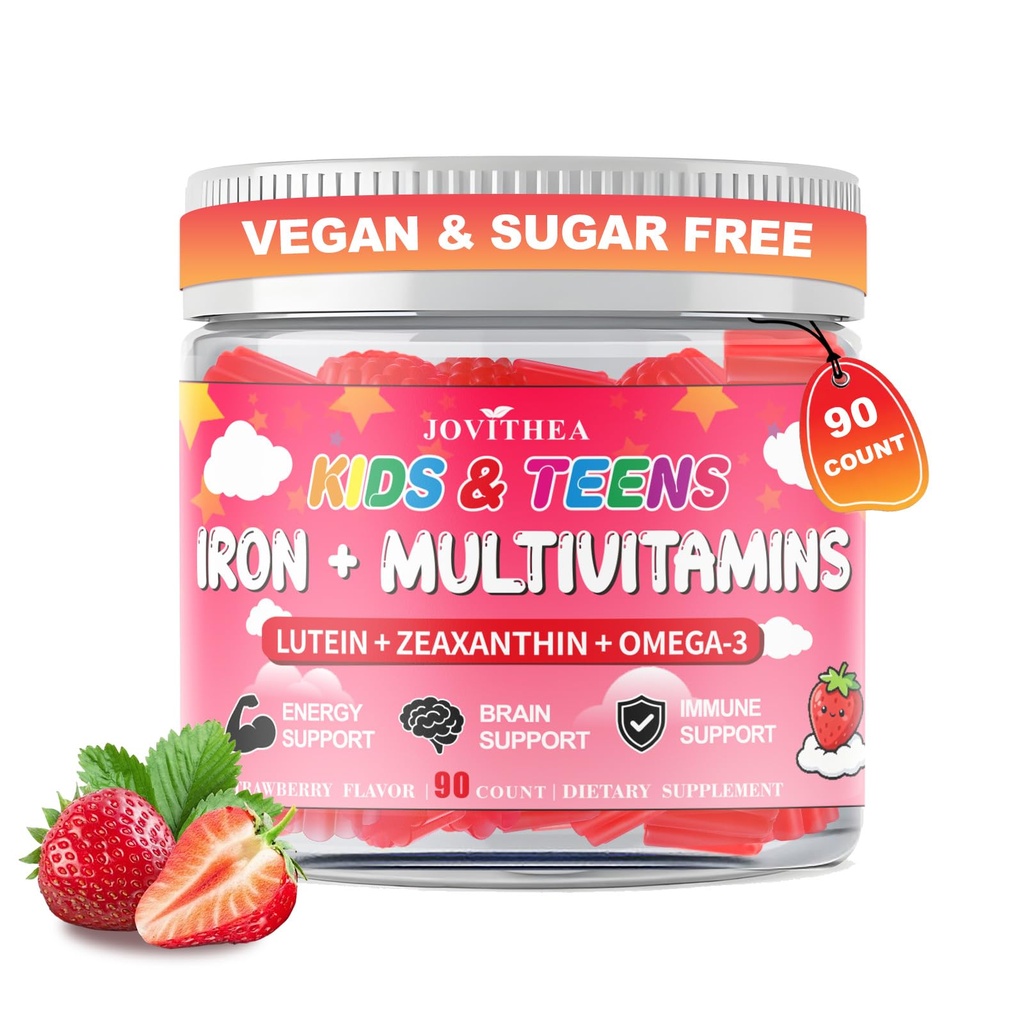 90 Count | Iron Gummies for Kids, Kids Multivitamin with Calcium, Zinc, Folate, Omega-3 & Lutein, Support Energy, Immnity, Iron Deficiency, Anemia & Brain Health, Vegan, Sugar-Free, Strawberry Flavor