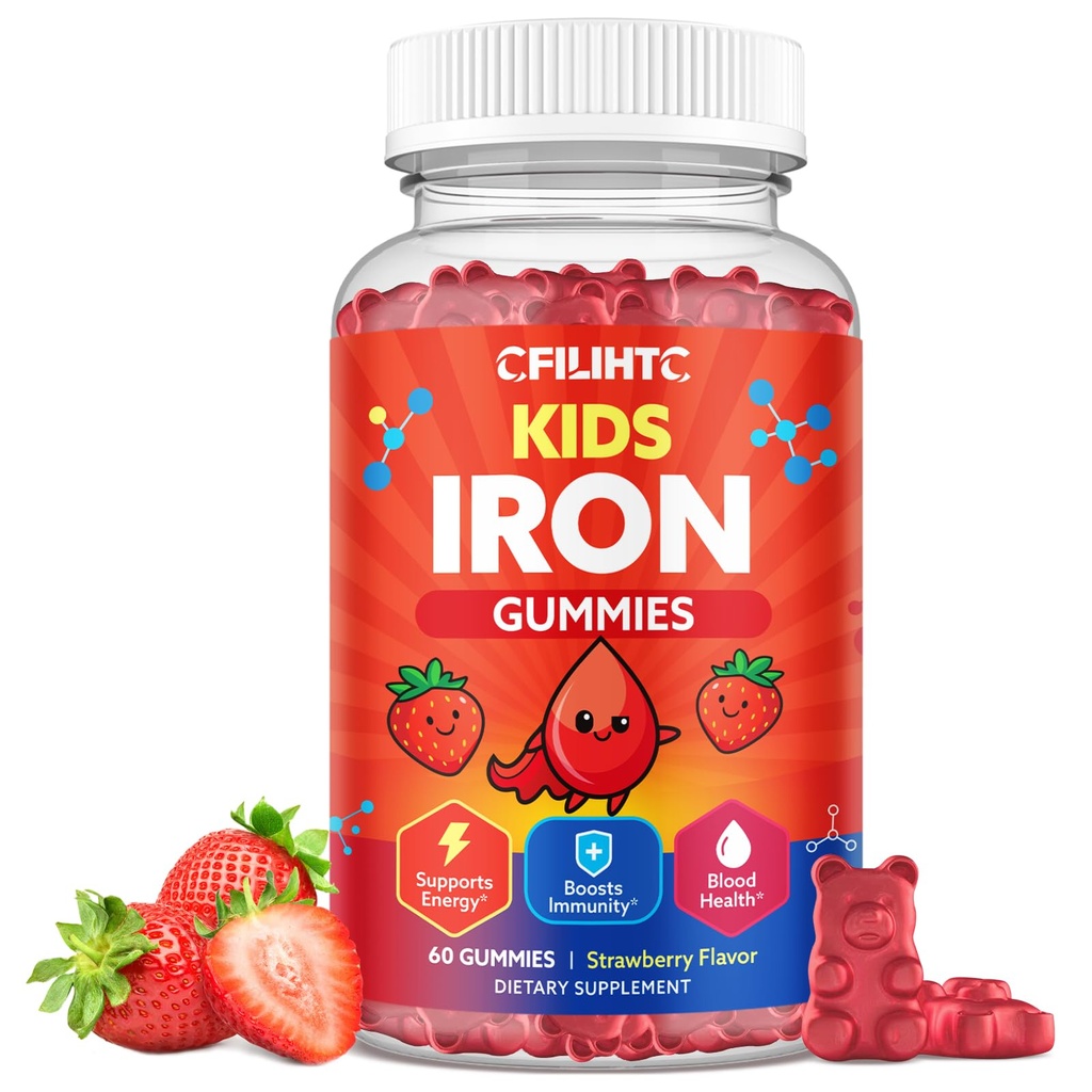 Çocuklar ve Gençler için Demir Gummies, Demir Supplement, Kalsiyum, Folate, çinko, Prebiyotik - Blood Builder & Energy Support, Iron Deficiency - Vegan & Non-GMO - 60 Kont Strawberry