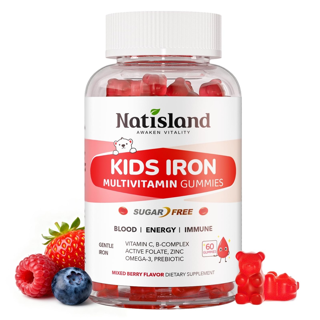 Çocuklar ve gençler için Iron Gummies, Çocuklar Demir Supplement, Vitamin B Kompleksi, A, C, D3, Kalsiyum, çinko, DHA, Prebiyotik, Blood Builder & Energy Support for Iron Deficiency, Vegan, 60 Ct