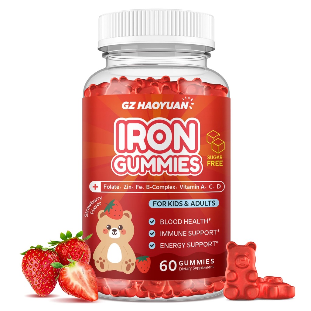 Çocuklar için Demir Supplement Gummies, Çocuklar Demir ile Çokvitamin - çinko, B Kompleks, A, C, D, B6, B12, Turmeric Extract, Biotin for Blood Builder & Energy Support, Iron Deficiency, Vegan 60 ct
