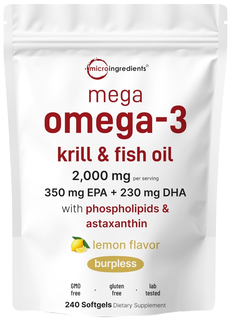 Mega Omega-3 Krill & Fish Oil 2.000mg Eşdeğer, 240 Softgels | Lemon Flavored | Burpless | Essential Fatty Acids & Astaxanthin | EPA 350 mg + DHA 230mg | Heart & Brain Supplement