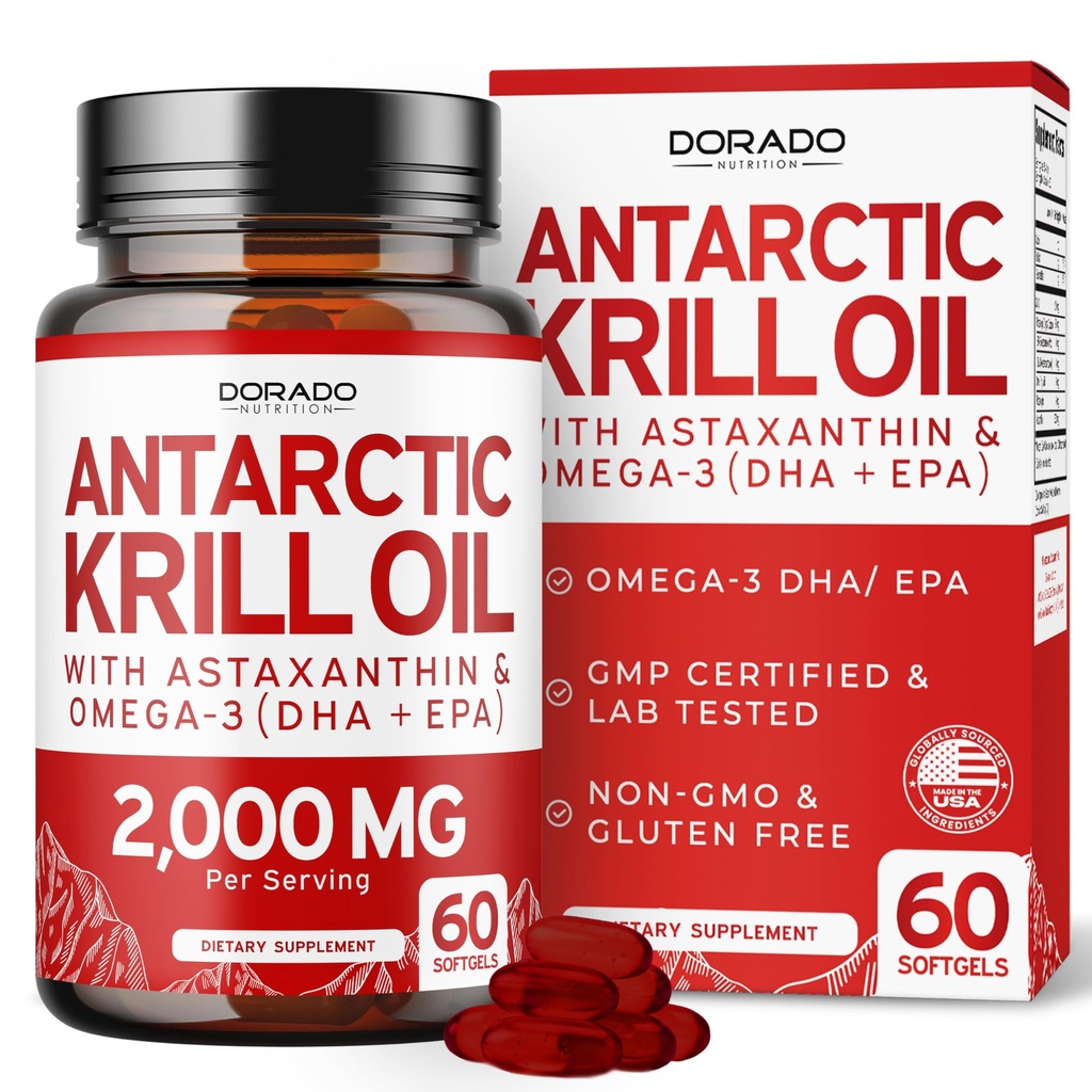 Antarktika Krill Oil Supplement (2000 mg Per Service, 60 Softgels) Krill Oil Omega 3 Supplements with EPA, DHA & Astaxanthin - Premium Phospholipid for Yetişkinler - Third Party Tested, Non-GMO & USA Made