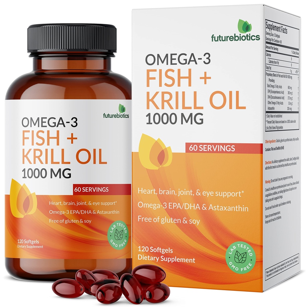 Futurebiyotiks Omega-3 Fish + Krill Oil 1000 MG Omega-3 EPA/DHA & Astaxanthin - Non-GMO, 120 Softgels (60 Hizmet)