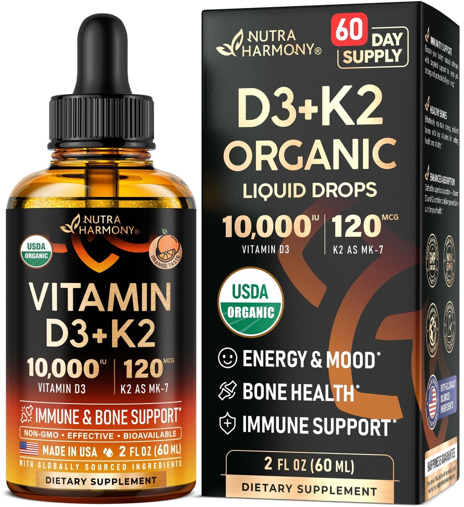 D3 K2 USDA Organik Ayaklar - D3 10000 İ & K2 MK-7 120 C - Immune & Mood Support, Bone & Teeth Health - Sugar-Free Orange Flavor - Liquid Supplement - Made in USA - 2 FL OZ, 60 Days