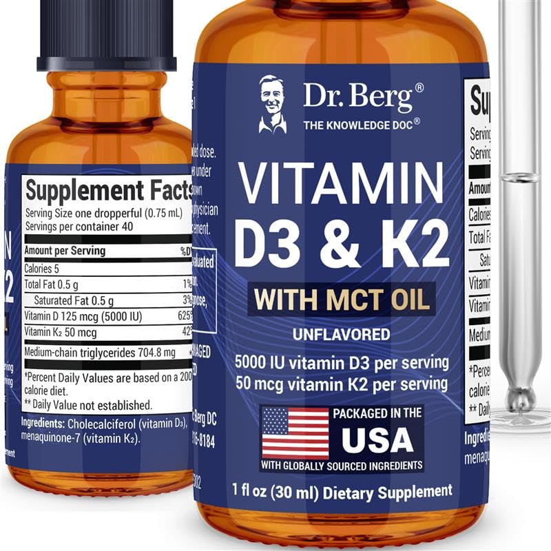 Dr. Berg MCT Oil ile En Güçlü Vitamin D3 K2 Sıvı Ödevler - K2 ile 5000 IU Sıvı Vitamin D3 - Güçlü Bones, Heart, Energy, Immunity ve Vital Generality* - Unflavored 1 Fl Oz
