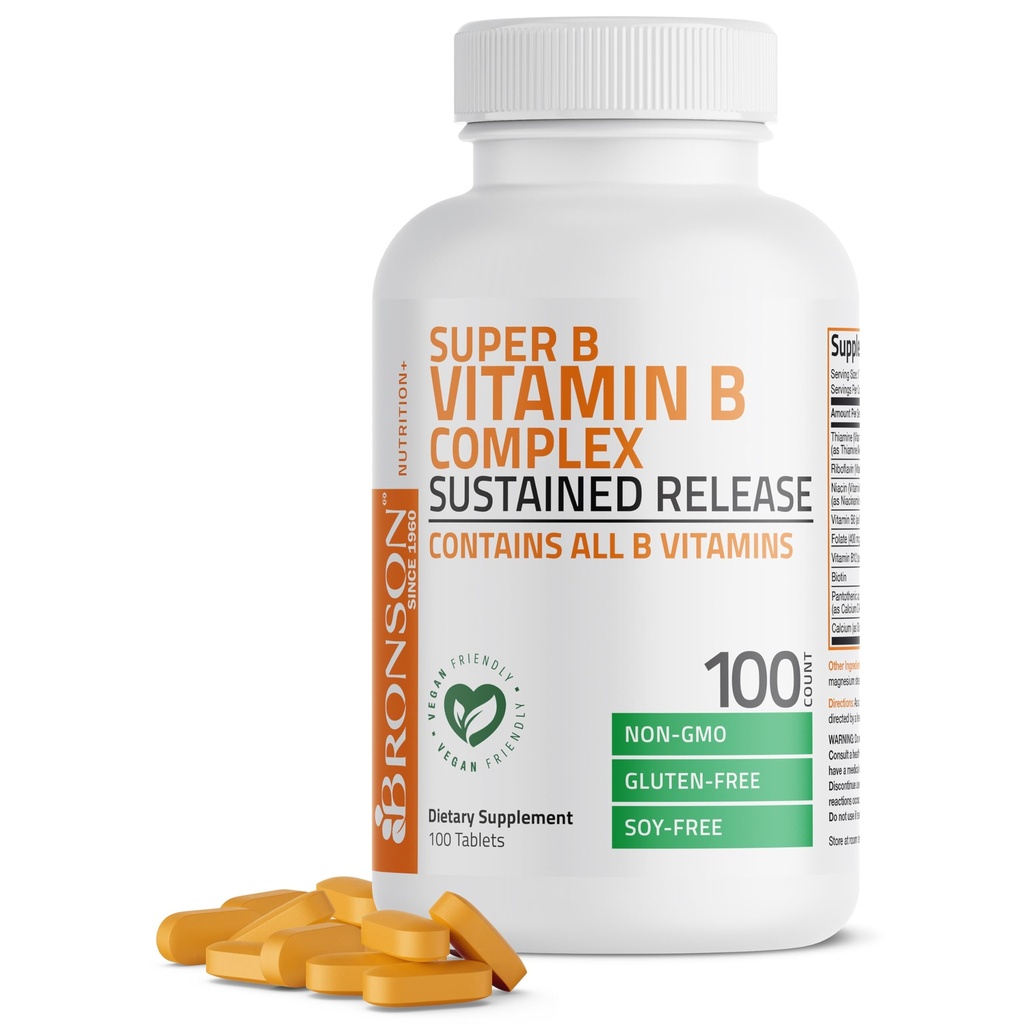 Bronson Super B Vitamin B Kompleks Sustained Slow Release (Vitamin B1, B2, B3, B6, B9 - Folic Acid, B12) Tüm B Vitaminleri 100 Tablet