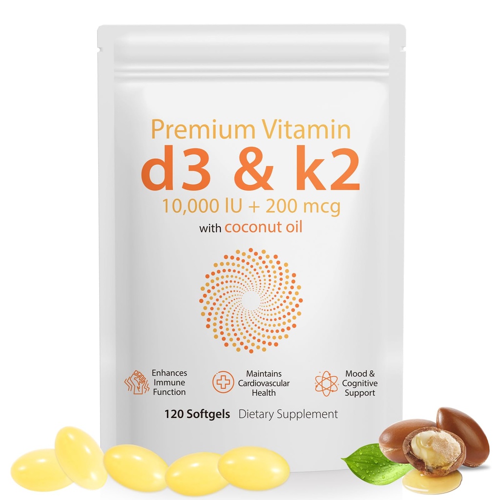 Daiasns Vitamin D3 K2 10000iu Kas ve Beyin Sağlığı - Yüksek Lisans D3 K2 Supplement Immune ve Cardiovascular Destek - 120 Softgels