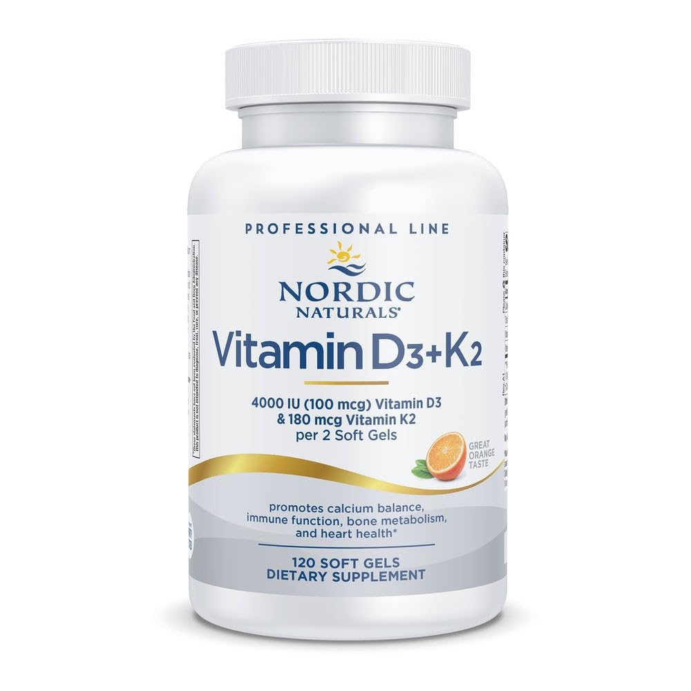 Nordic Naturals Professional Grade Vitamin D3+K2 Supplement, Orange Flavor - 60 Soft Gels - 4000 IU D3 & 180 mcg K2- Kardiyoloji Dengesi & Immune Function - Non-GMO - 30 Hizmetler