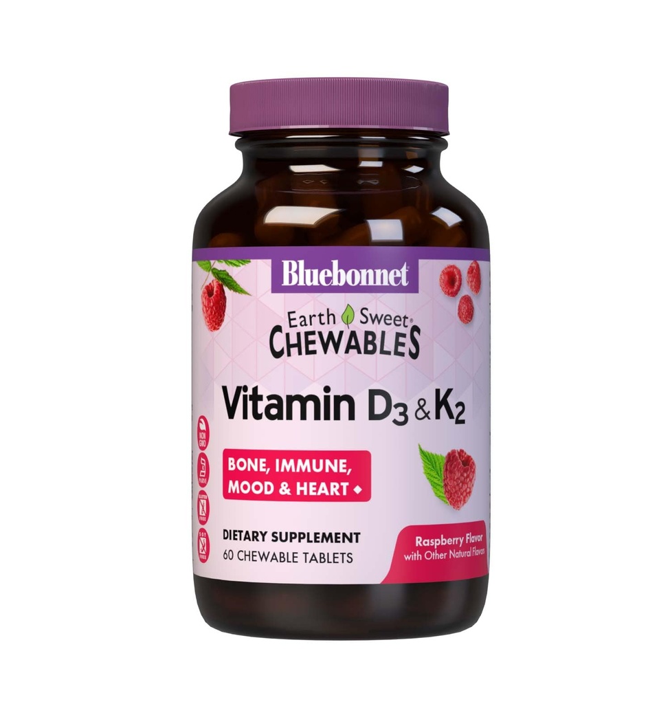 Bluebonnet Beslenme Vitamin D3 & K2 EarthSweet Chewable Tabletler için, Immune, Mood & Heart Health*, Soy-Free, Gluten-Free, Non-GMO, Kosher Süt, 60 Raspberry Flavor Chewable Tabletler, 60 Hizmetler