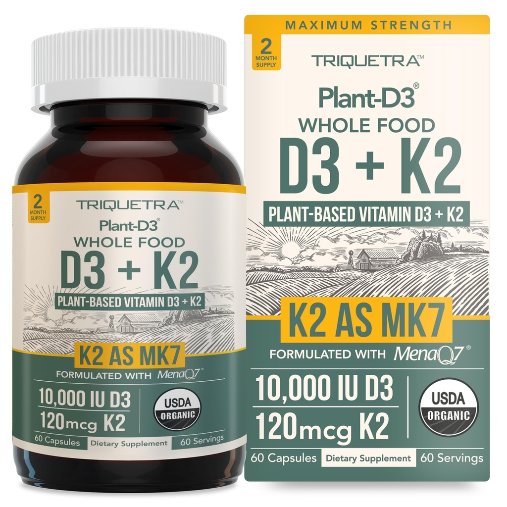 Organik Plant D3 + K2 | 10000 İ D3 + 120 mcg K2, MenaQ7®'den All-Trans MK7 olarak - 100% Tüm Gıda, Raw & Vegan | Prebiyotik & Superfood Kompleksi ile Geliştirildi - Organik Algae'den D3 (60)