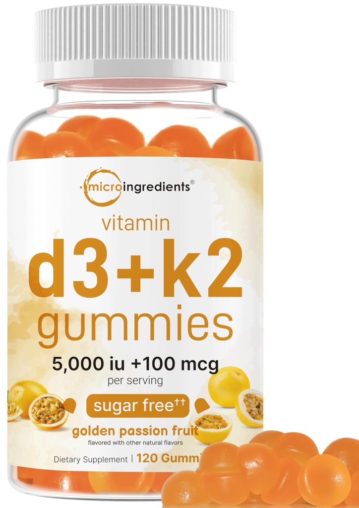Mikro Malzemeler D3 K2 Gummies, 120 Kont | 5.000 IU Vitamin D + 100 mcg K2 MK-7 | Bone, Immune & Heart Health Supplements* | Sugar Free Golden Passion Fruit Flavor | Non-GMO, Gluten Free
