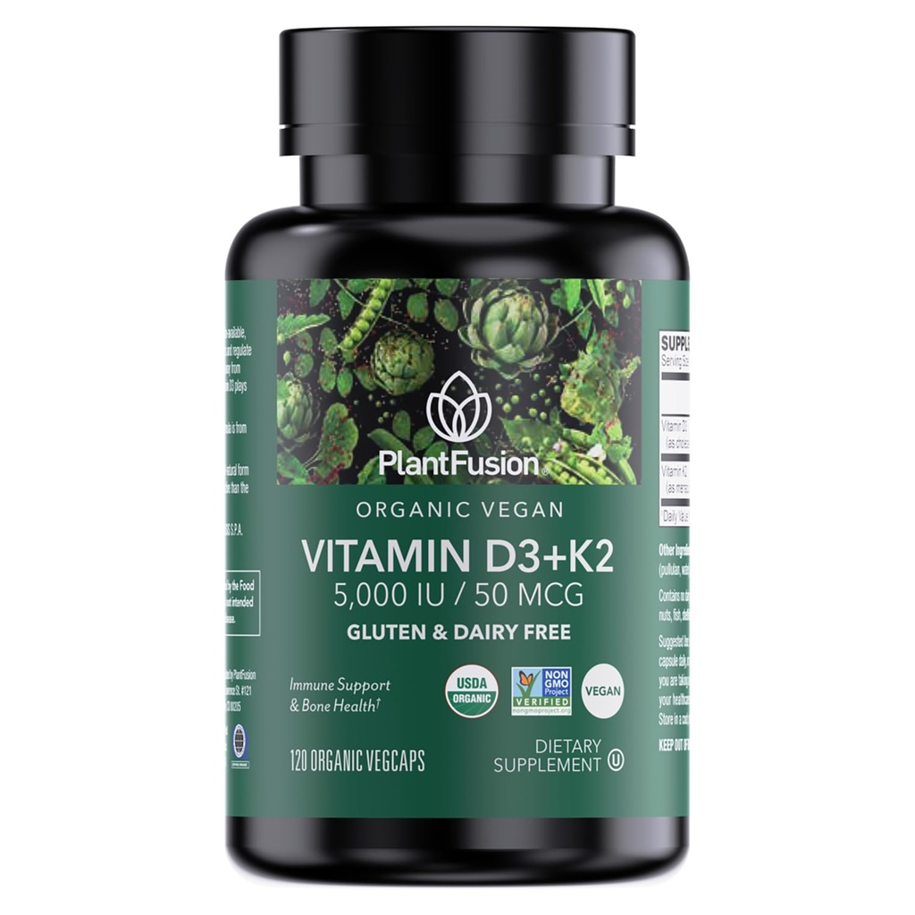 PlantFusion Organik Vitamin D3 + K2 5.000 İ, 50MCG - Bitki bazlı Lichen ve Vitamin K2, Immune Support and Bone Health için D3 + K2 5000 IU, 50MCG - Vitamin D Kaynağılı