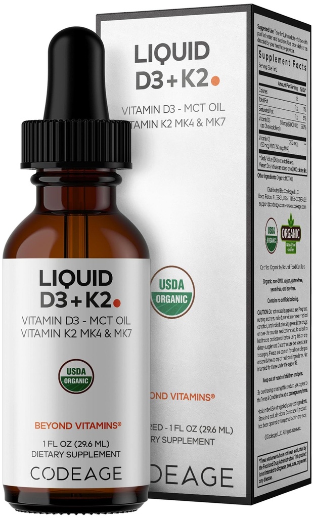Kodaj Sıvı D3+K2 Vitaminler USDA Organik - D3 2000 IU, Vitamin K2 (MK4 & MK7) Sıvı Durağı - Immune Desteği - Unflavored - Organik MCT Petrol - Non-GMO - 1 fl oz