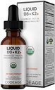 Kodaj Sıvı D3+K2 Vitaminler USDA Organik - D3 2000 IU, Vitamin K2 (MK4 & MK7) Sıvı Durağı - Immune Desteği - Unflavored - Organik MCT Petrol - Non-GMO - 1 fl oz