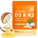 D3 K2, D3 K2 Vitamin 10000 iu Supplement with Coconut Oil Softgels, 2 in 1 Formula 200 mcg (MK-7) Kompleksi Softgels Destekli, Bone Health D3 K2 - 120 Softgels