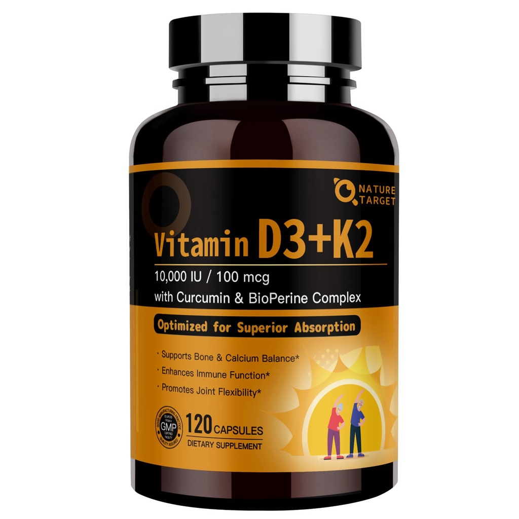 NAT TARGET Vitamin D3 K2, Yüksek Lisans 10.000 İ D3, 100 mcg K2 (MK-7) Tamamlanan Synergy Formula, Destekler Bone, Steel & Immune Health, 120 Capsules
