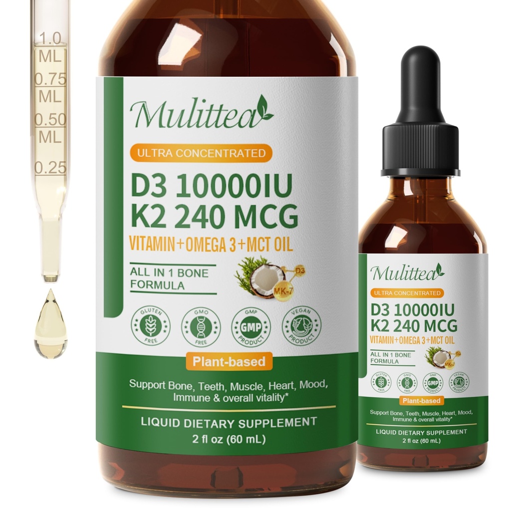 2 Pack Organik Vitamin D3 K2 Sıvı 10000 IU w / Vegan Omega-3 & Coconut MCT Petrol - En Güçlü D Tamam, No Fillers, Non-GMO K2, Bones, Muscles & Highxia-2 Fl Oz