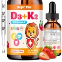 Çocuk D3 K2 Drops - K2 D3 Vitamin Supplement 1000 I with Omega 3, Support Bone, Mood, Teeth & Immune - Vitamin D3 K2 (MK-7) Yetişkinler ve Çocuklar için sıvı damlaları, Sugar Free Strawberry Flavor 2 FL OZ