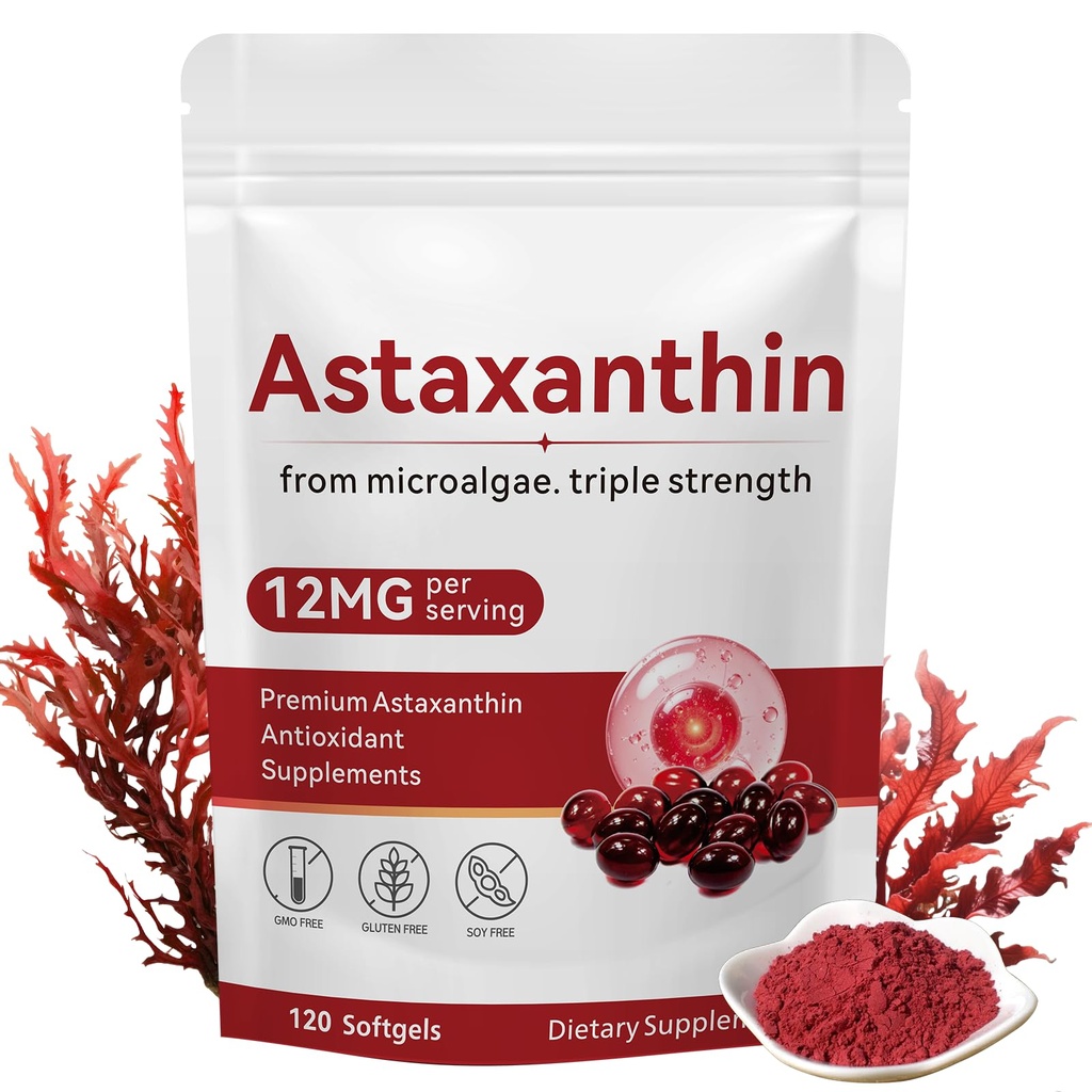 Astaxanthin 12 mg, 120 Softgels, Premium Astaxanthin Antioksitler ile Antioksi Aktivite, Destekler Göz, Skin Health, Immune, Internal Circulation