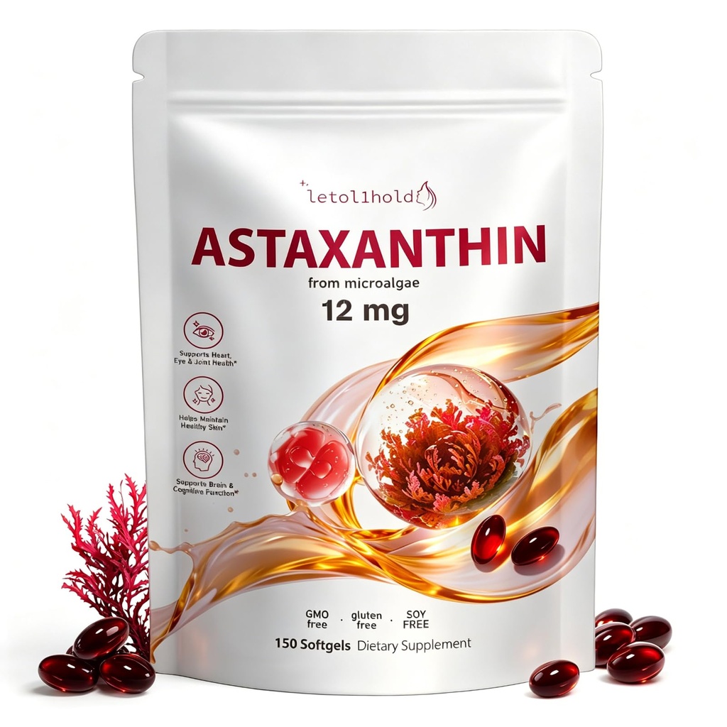Astaxanthin 12mg, 150 Softgels - 5 Month Supply, Astaxanthin Supplements Sourced from Fresh Microalgae, Non-GMO, Gluten Free, Easy to Swallow