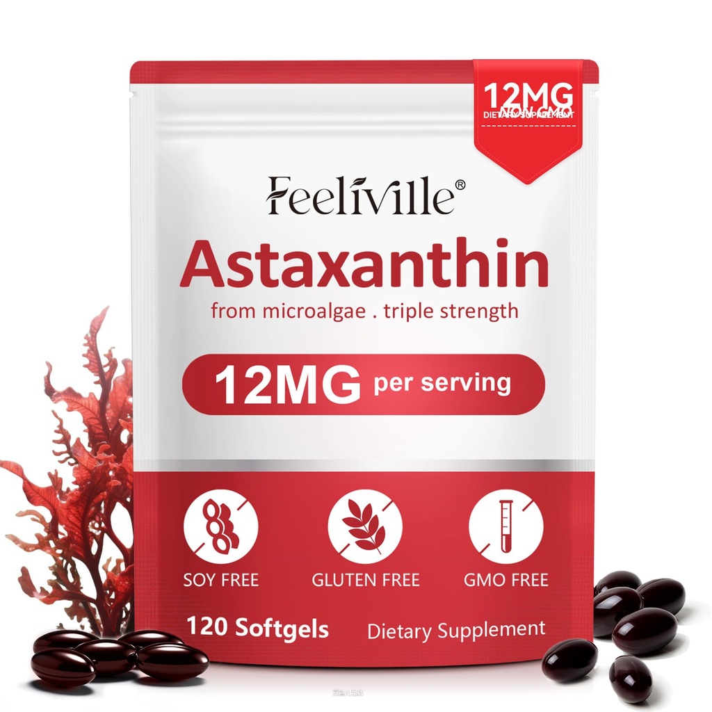 Astaxanthin 12 mg, 120 Softgels, 4 Ay Supply | Premium Astaxanthin Antioksi Supplements | Fresh Microalgae Source | Supports Eye, Joint, Internal Circulation, Skin Health