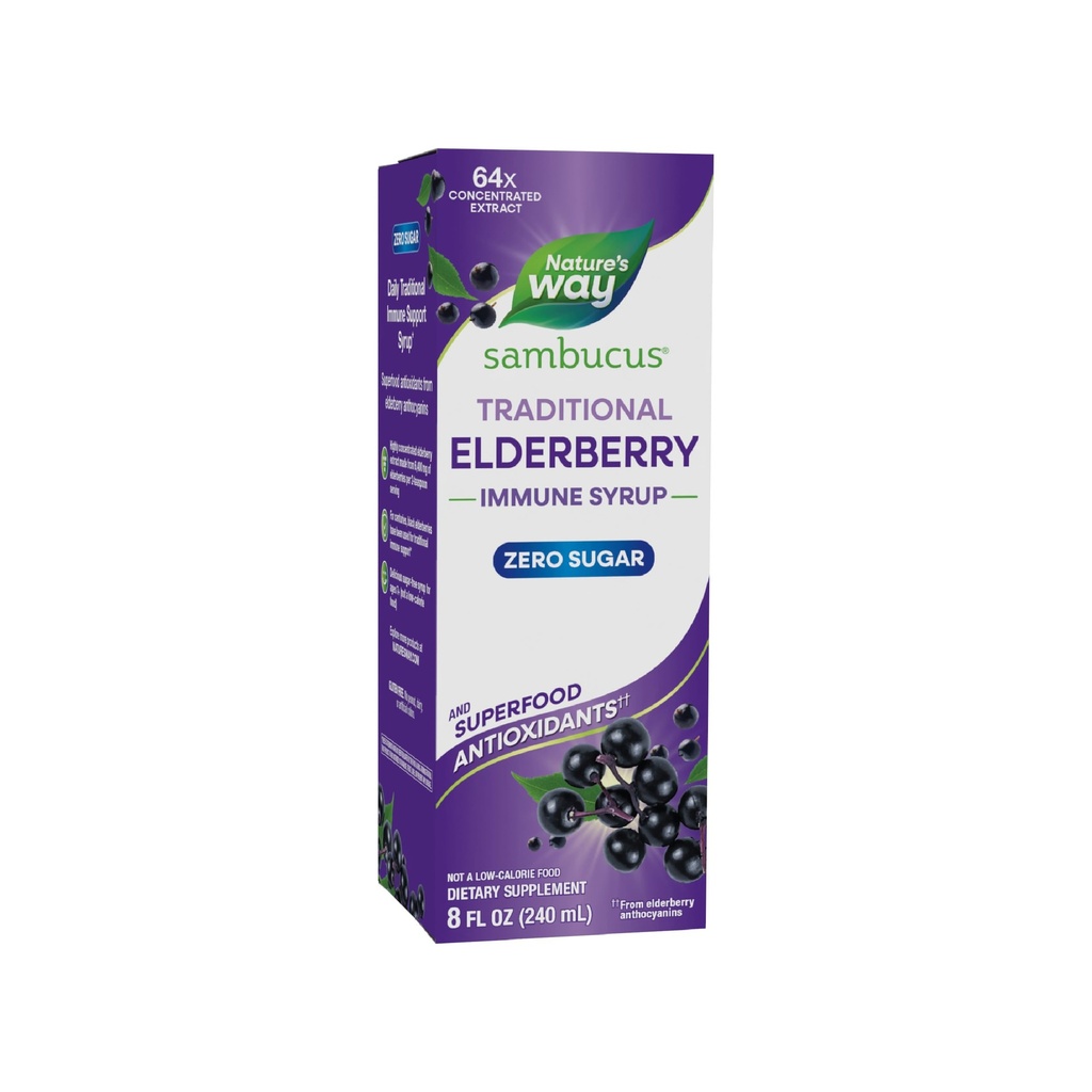 Nature’s Way Sambucus Zero Sugar Traditional Immune Syrup, Highly Concentrated Black Elderberry Extract, Traditional Immune Support*, Sugar-Free, Berry Flavored, 8 Fl Oz (Packaging May Vary)