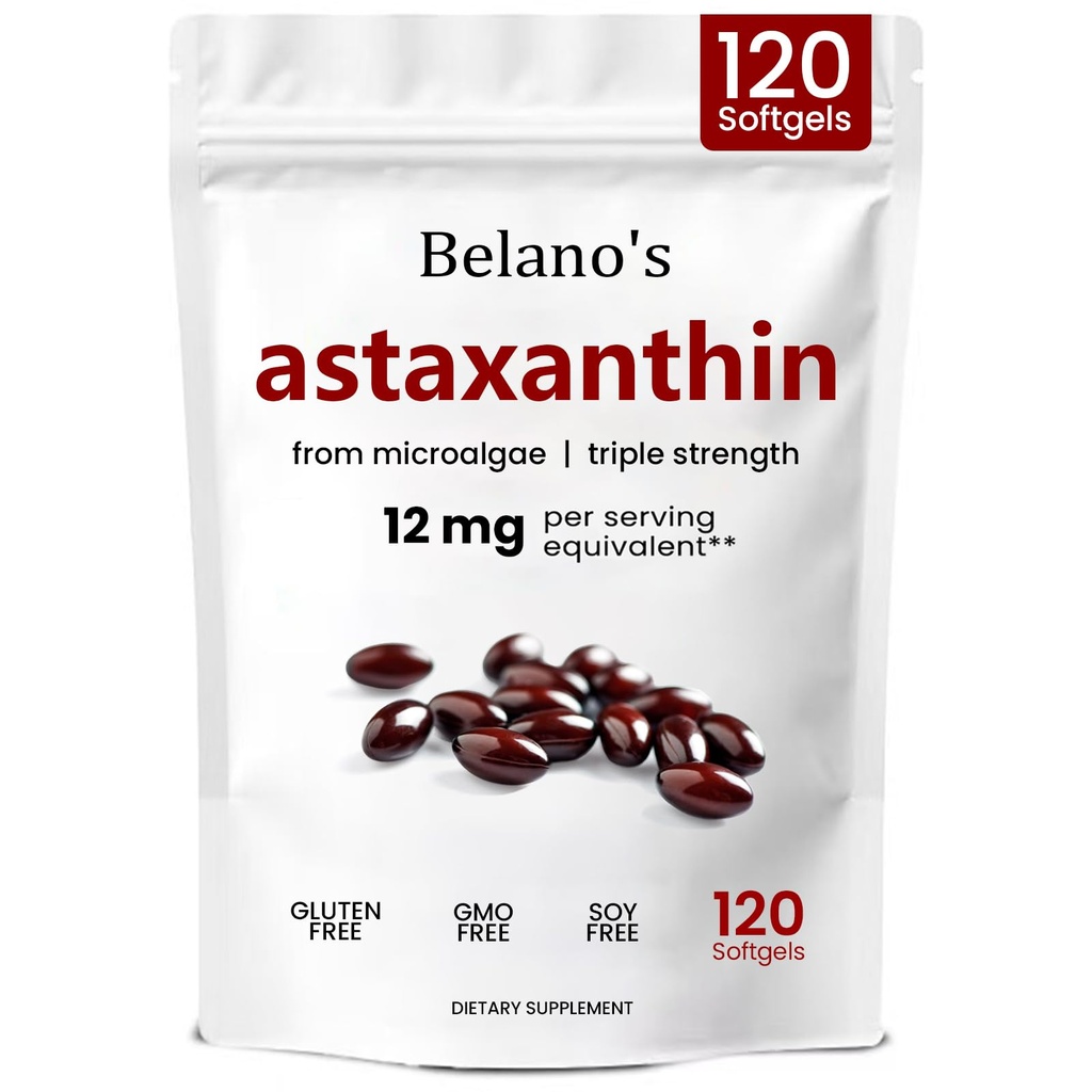 Belano'nun Astaxanthin 12mg, Astaxanthin Softgels, Premium Astaxanthin Antioksi Supplement | Health & Energy Support, Non-GMO, Vegan- Friendly & Gluten-Free - 120 Softgels (1 Bag)