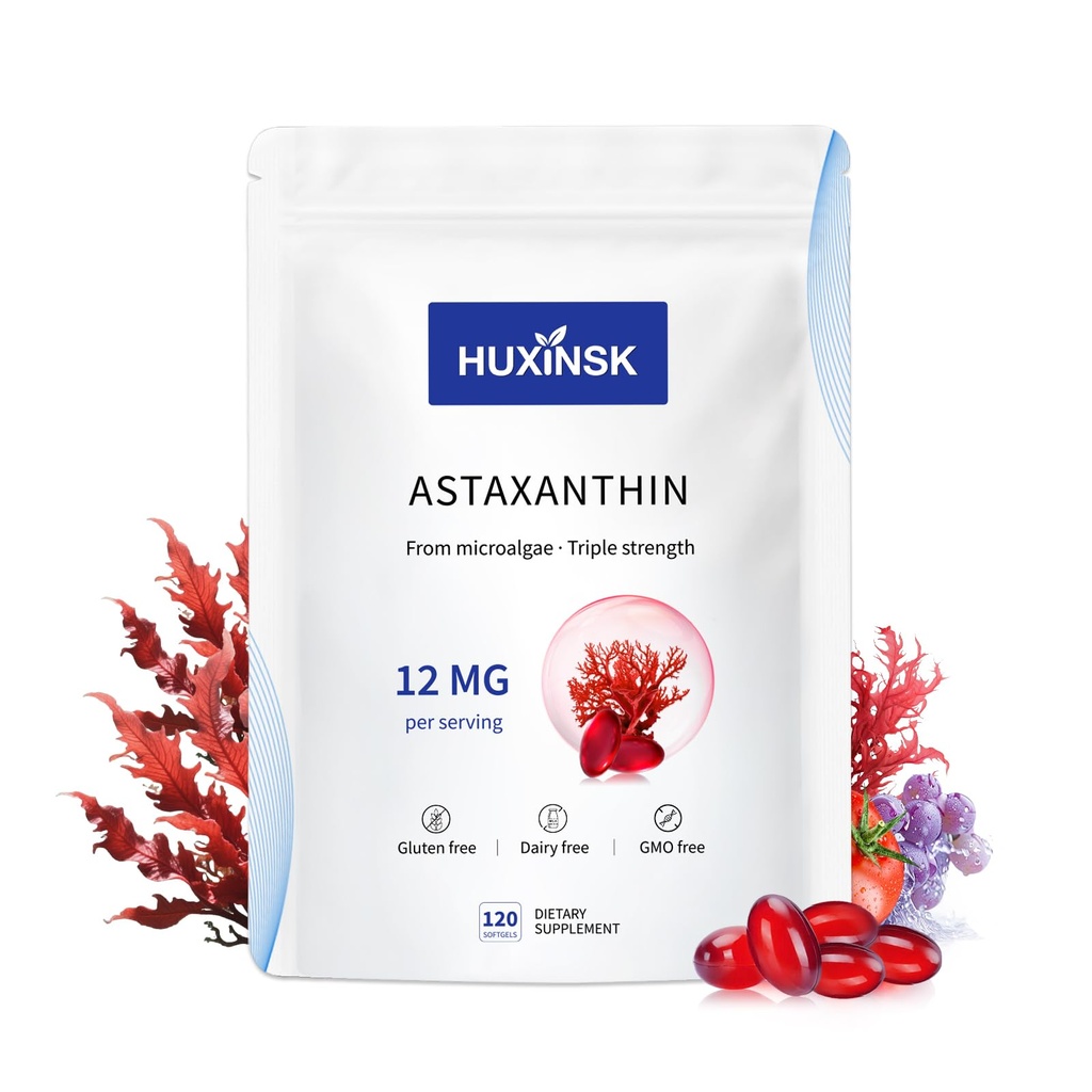 Astaxanthin 12 mg Supplements, 120 Softgel, Max Strength Astaxanthin Antioksi Supplements Form Fresh Microalgae, 4 Ay Supply, Supports Eye, Skin, Joint, Brain, Heart & Immune System Health, 1 Bag