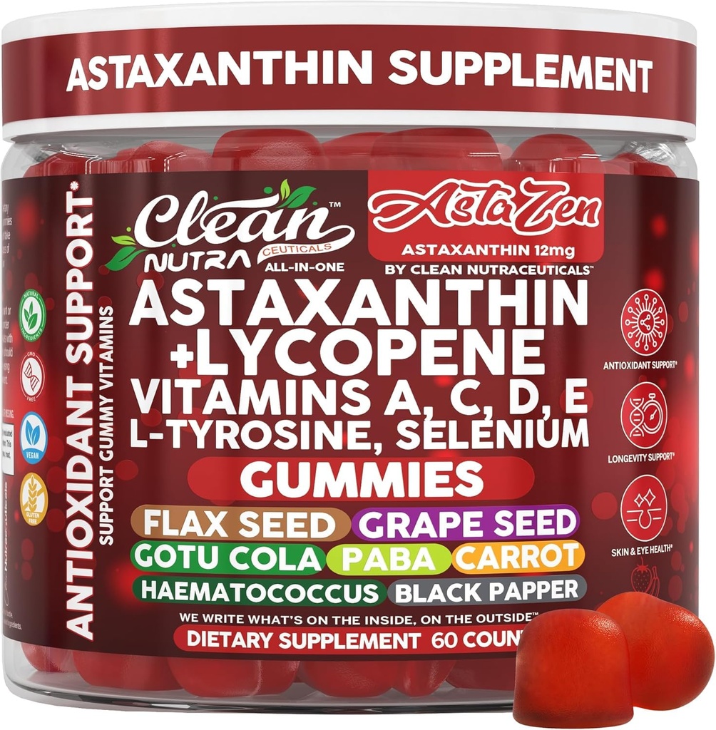 Temiz Nutraceuticals AstaZen Astaxanthin Gummies 12mg - Lycopene, Vitamins A C D E, L-Tyrosine & Selenium - Antioksi Support Gummies - 60 Count