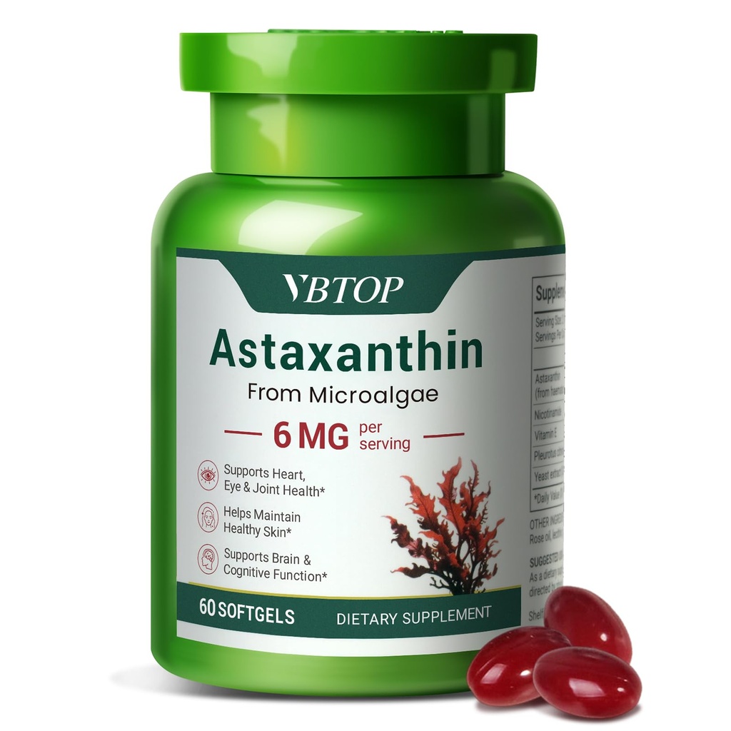 Astaxanthin 6 mg, Premium astaxanthin Supplement with antioksidan Activity, Supports Eye, Skin, Joint, and Immune System Health. Fresh microalgae Source, Non-GMO, Gluten-Free - 60 softgels
