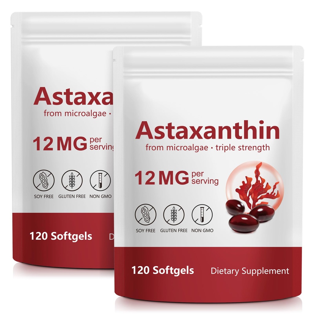 Astaxanthin 12 mg, 120 Softgels, (2Pack)install Astaxanthin Antioksi Supplements with Antioksi Activity, Supports Eye, Skin, Joint & Immune System Health, Fresh Microalgae Source, Non-GMO