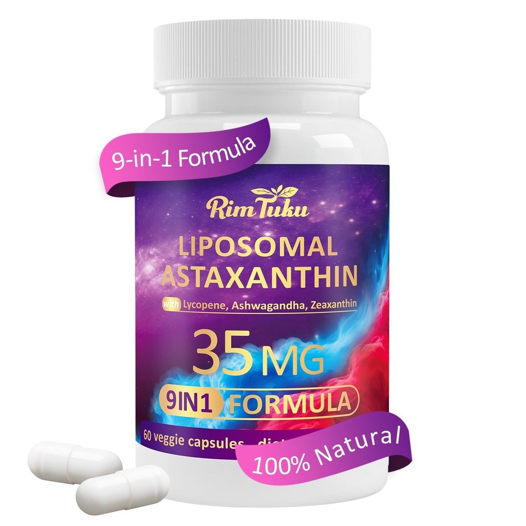 Liposomal Astaxanthin Supplement Kompleksi 9-in-1 with Ashwagandha, Lycopene, Zeaxanthin, Antioksi Supplement Support Eye, Skin & Joint Health, 60 Capsules