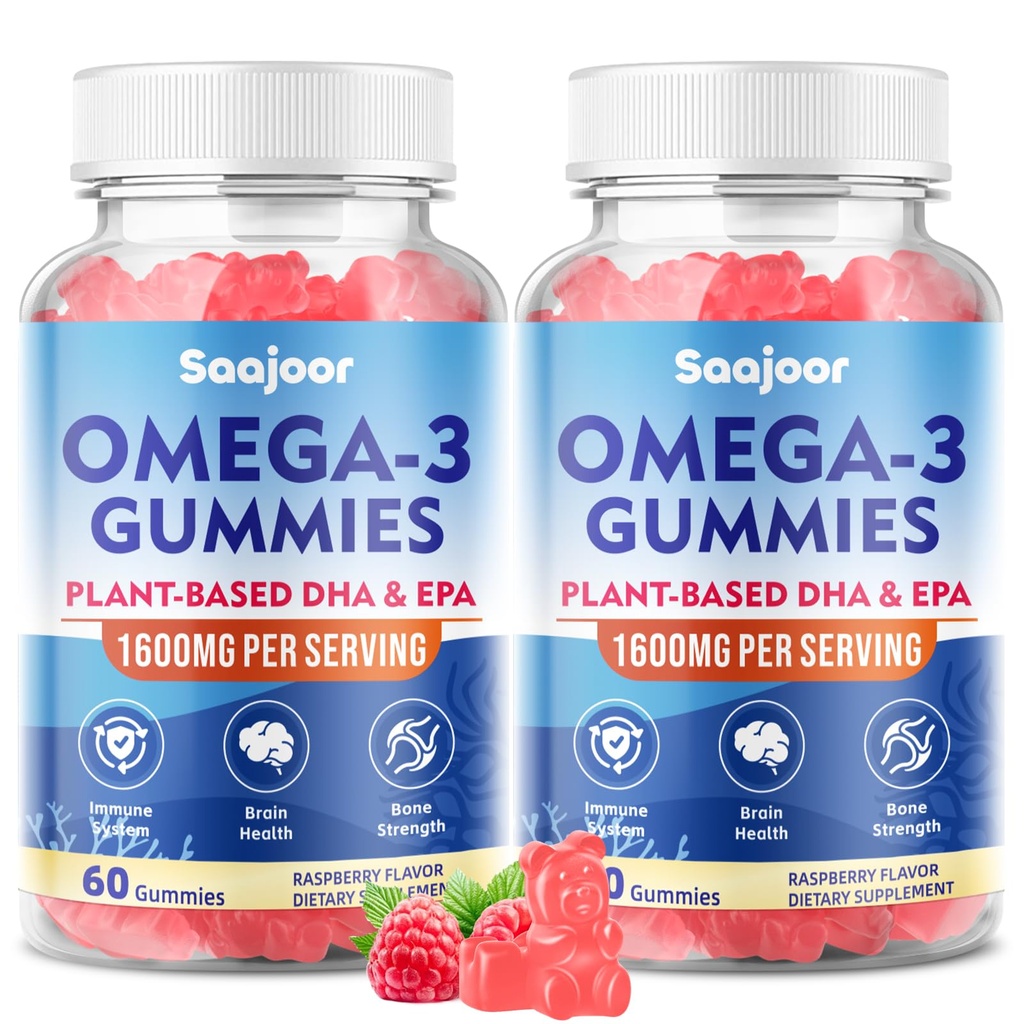 Yetişkinler için 2 Pack Vegan Omega-3 Gummies1000 mg - Sugar Free Supplement with 400 mg DHA & 600 mg EPA, Vitaminler A, C, E, ve çinko - 120 Kont