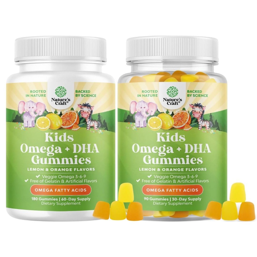 Çocuklar için Omega DHA Gummies - Fatty Asits Omega 3 6 9, Beyin Için C vitamini ile Immunity & Vizyon - Sağlıklı Sinirli Sistem ve Odak Desteği için Beslenme DHA - Vejetaryen & Gluten Ücretsiz