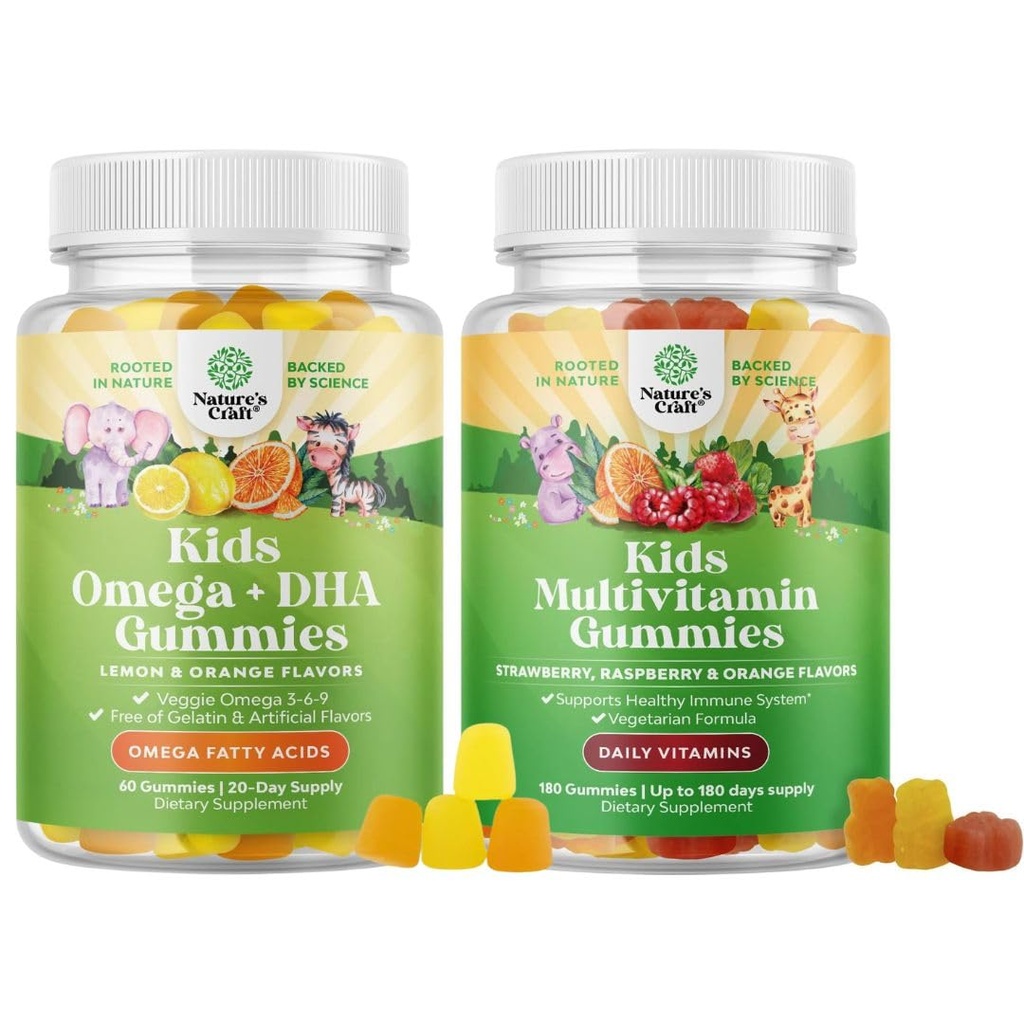 Çocuk DHA Omega 3 Gummies - Fatty Asits Omega 3 6 9 Beyin için, Immune Strength & Vizyon ve Bitki Temel Çocuklar Immune Strength & Vision and Plant Based Kids Multivitamin Gummies with Vitamins A C D3 E B and Çinko for Immunity Support
