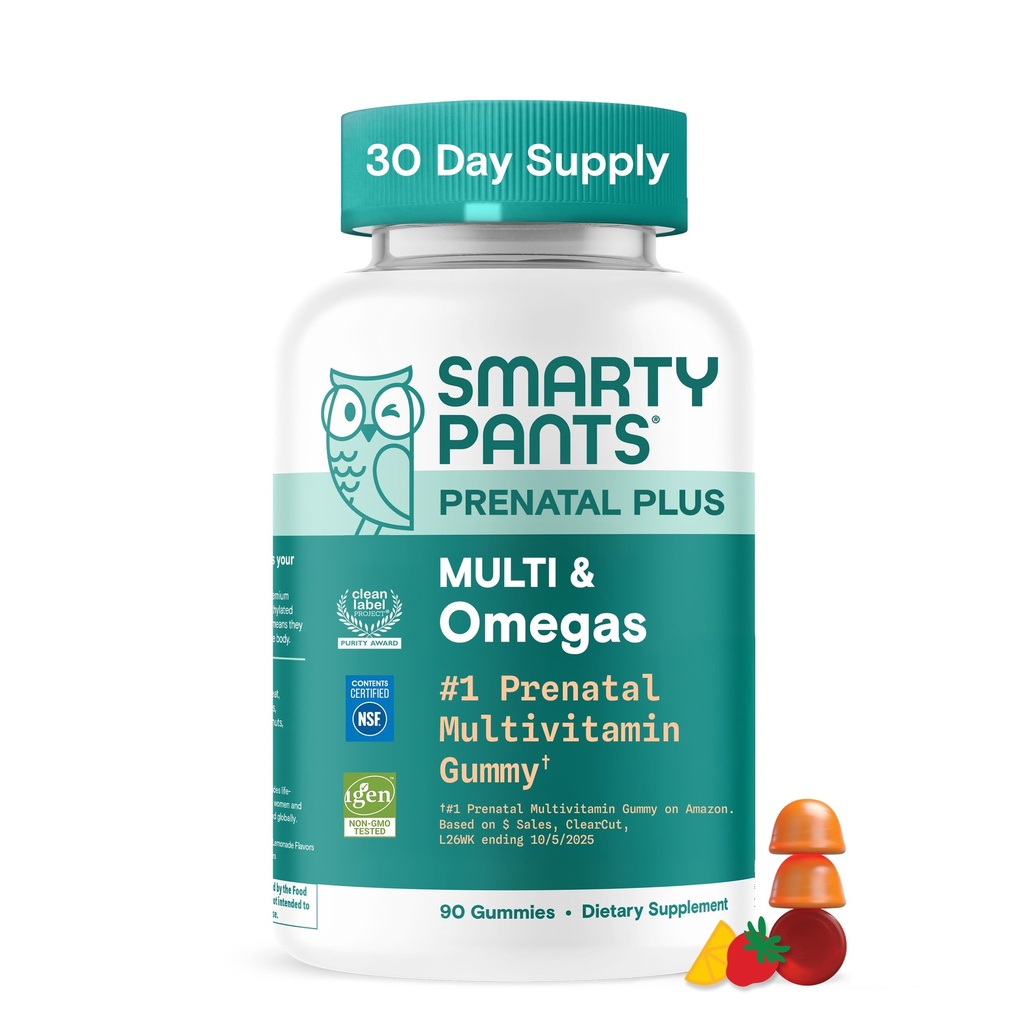 SmartyPants Prenatal Multivitamin Gummies with Omega 3 DHA/EPA, Torchfolate, Biotin, Vitamins D3, C, B12, B6, A, K, ve çinko, Gluten Free, Clean Label, Two Fruit Flavors, 90 Gummies (30 Day Supply)
