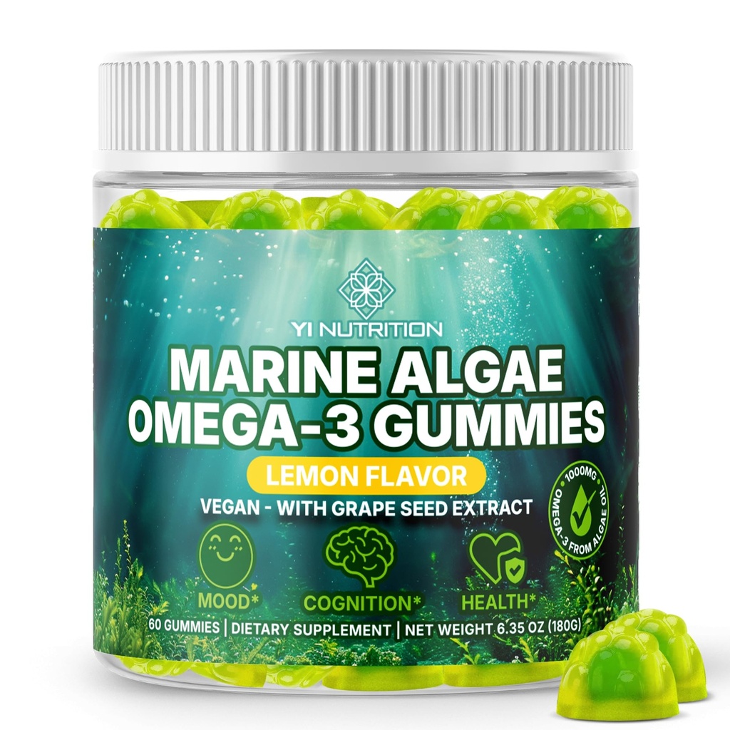 Marine Algae Omega 3 Gummies with 3400 mg+ | DHA/EPA/ALA, 20:1 Grape Tohumu, C & Folate | Heart, Brain & Skin | Plant-Based, Sugar-Free, 60 Ct