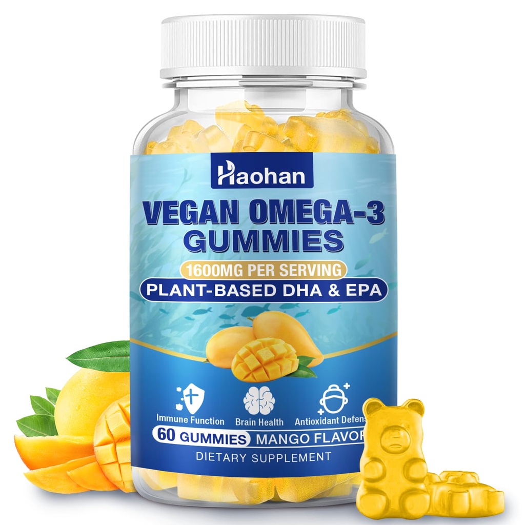 Omega-3 Yetişkinler için Gummies, Orange Flavor – Sugar-Free, Algae-Derived DHA 600 mg & EPA 300 mg, Vitaminler A, C, E, çinko, 60 Gummies