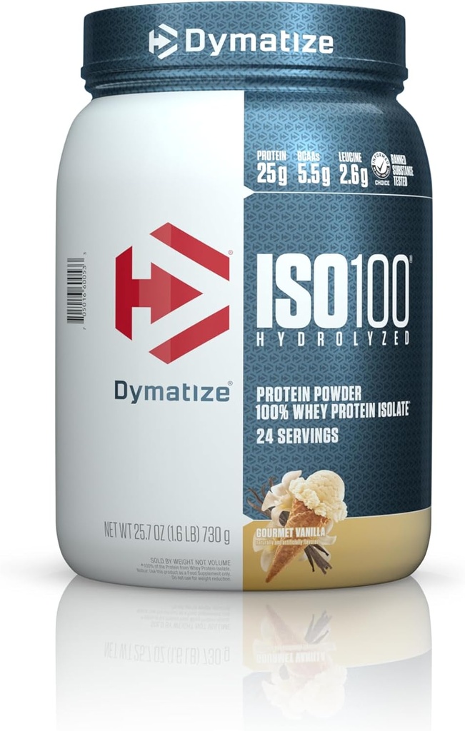 Dymatize ISO100 Hydrolyzed Protein Powder, 100% Whey Isolate Protein, 25g of Protein, 5.5g BCAAs, Gluten Free, Fast Absorbing, Easy Digesting, Gourmet Vanilla (24 Servings)