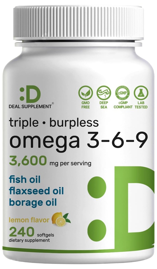 Triple Omega 3-6-9 Fish Oil Supplements 3,600 mg - Flaxseed Oil & Borage Oils Kompleks - Yüksek EPA + DHA - Burpless Pills, Lemon Flavored, Wild Caught – Heart, Joint, & Brain Support