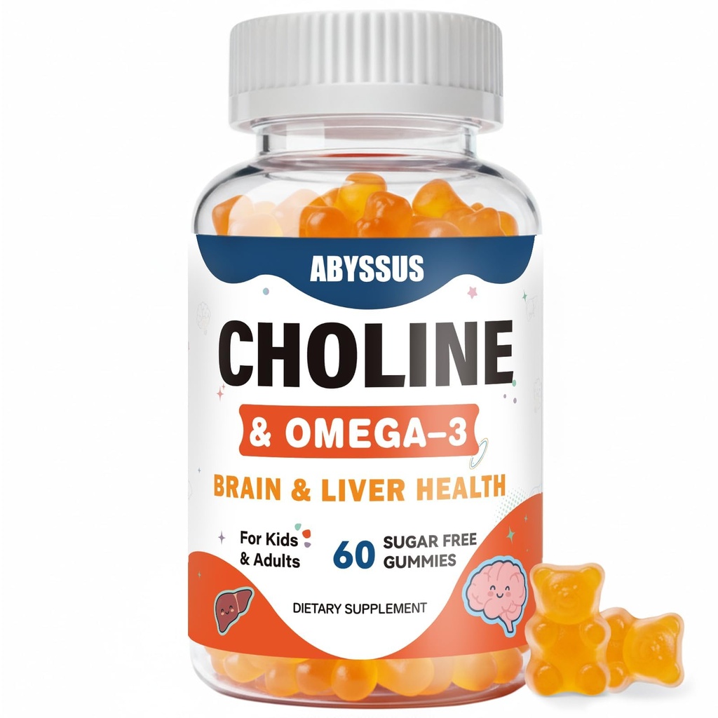 ABYSSUS Choline Gummies for Kids & Yetişkinler, Sugar Free Choline Bitartrate Supplements with Algal Omega-3 DHA EPA & Active B6 B12, Brain & Liver Support, Vegan, 60 Count